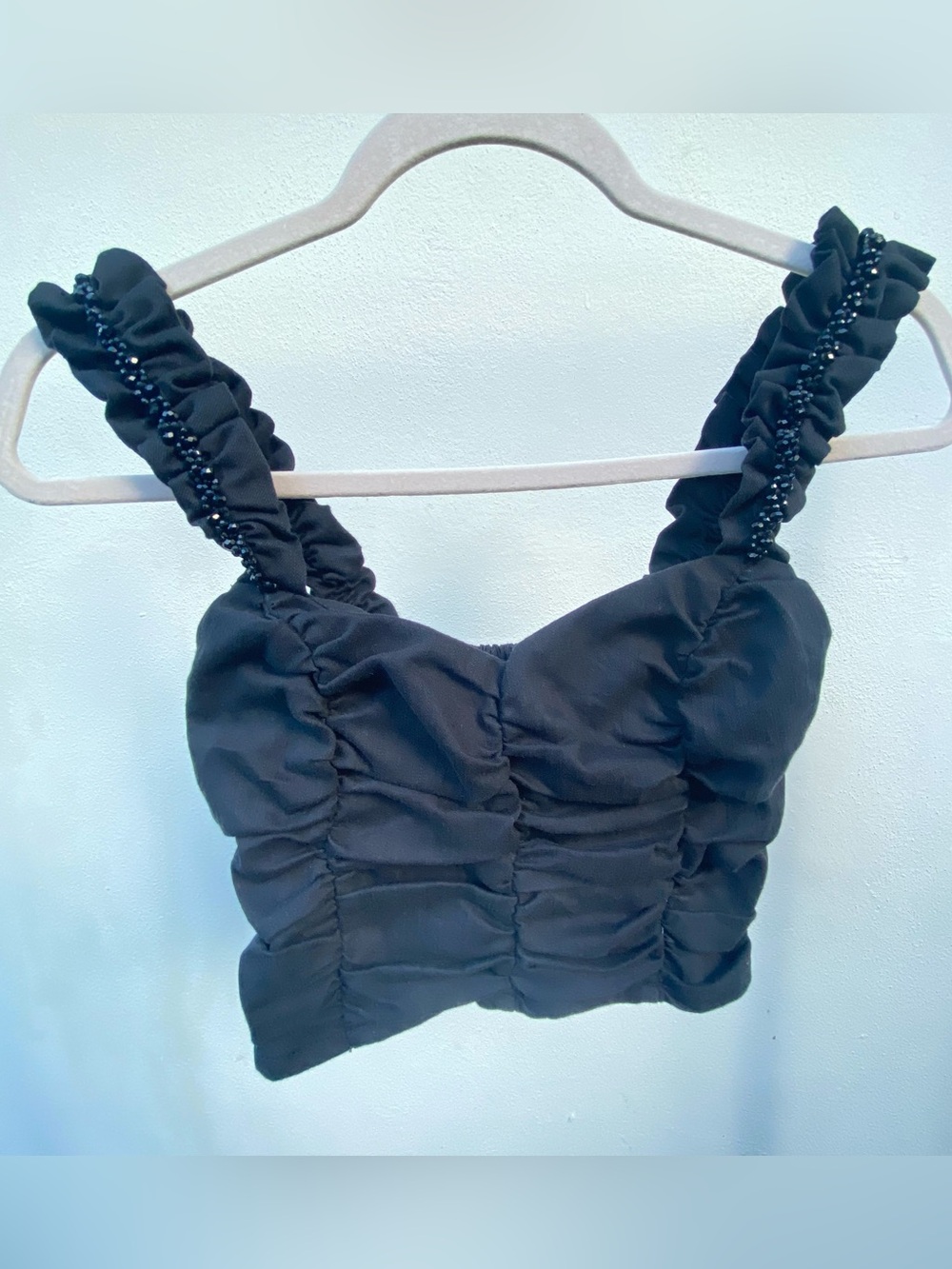 Y2K Forever 21 Black Ruched Beaded Smock Crop Top Size Small